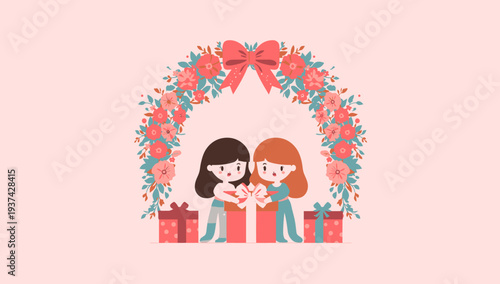 Two women exchanging gifts surrounded by a festive wreath.