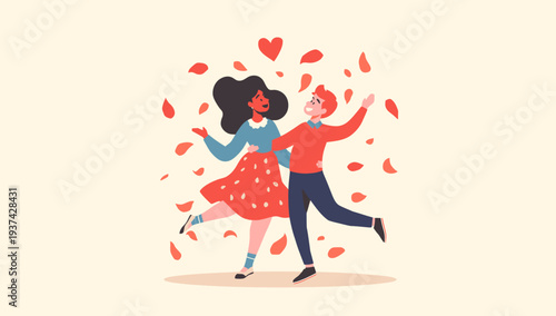 Couple Dancing Together Surrounded by Hearts and Rose Petals.