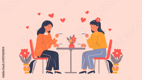 Two women having a romantic dinner together on valentines day.
