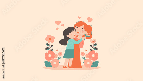 Mother and daughter embracing with love and flowers.