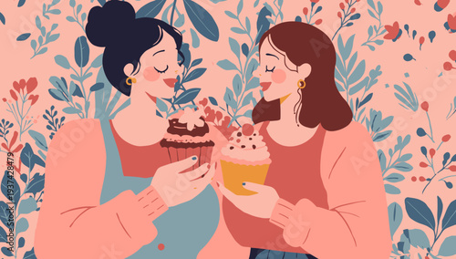 Two women sharing and admiring cupcakes together happily.