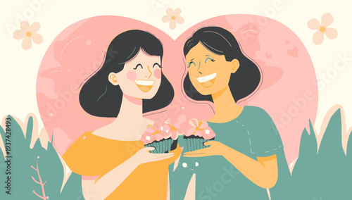 Two women exchanging flowers in a friendly gesture outdoors.