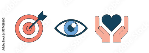 Colorful icons of target, eye, and heart in hand on white background