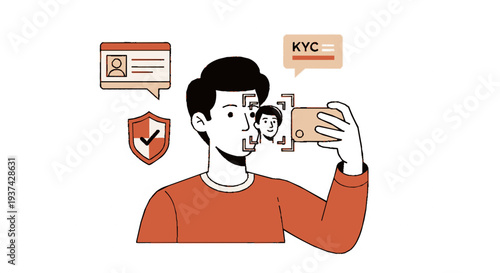 Man taking selfie with smartphone identity verification kyc process security check digital authentication and verification badge