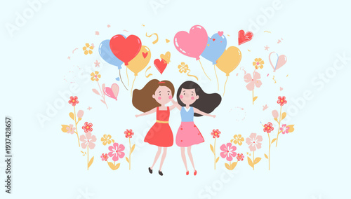 Two young girls embracing surrounded by colorful balloons and flowers.