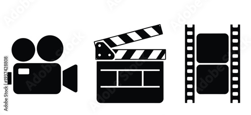 Film Production Icons, Movie Camera, Clapper Board, Film Strip Symbols
