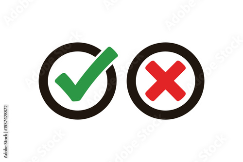 Green checkmark and red cross symbols in black circles on white background