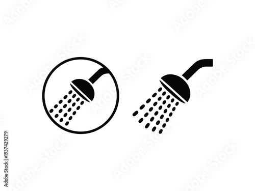 Shower Head Icons with Water Droplets, Black and White Symbols