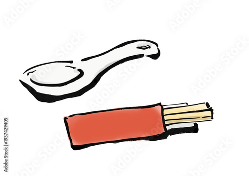 ラーメンのレンゲと箸のセット　和風筆書きイラスト