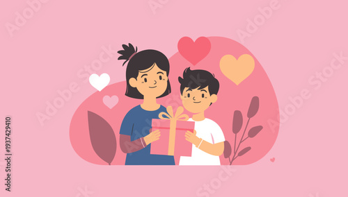 Two happy children, a girl and a boy, exchanging a wrapped gift with hearts and plants in a pink background, symbolizing love and generosity.