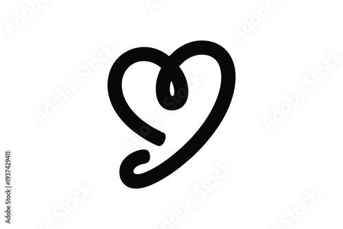 Black Heart Symbol with Number Nine, Handwritten Style, White Background