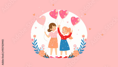 Two happy young girls holding heart-shaped balloons, celebrating friendship and joy with a pink background and floral decorations.
