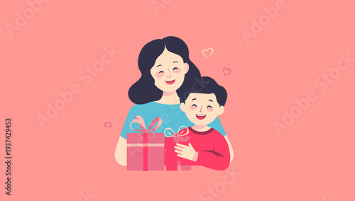 Smiling mother and child holding gift boxes on a pink background, celebrating love and family together.