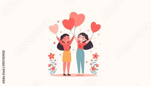 Two women celebrating love and friendship with heart balloons.