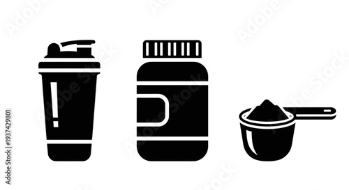 Black silhouettes of gym supplements on transparent background