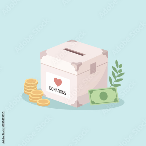 Donation Box with Coins and Money.