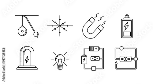A collection of black and white line drawings of electrical and physics symbols on transparent background