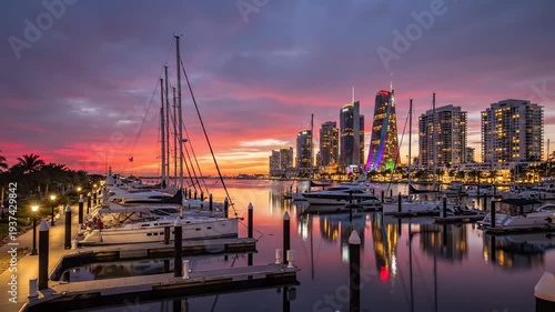 City skyline reflecting in a harbor with moored boats under a vibrant, colorful, sunset sky