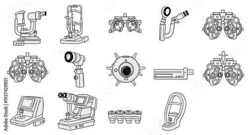 A collection of various medical eye examination equipment on transparent background
