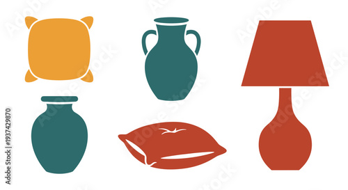 A set of six colorful home decor items on transparent background