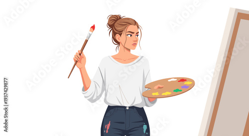 A female artist holding a paintbrush and palette on transparent background