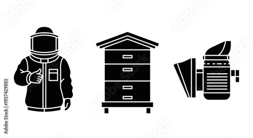 A beekeeper in a suit stands next to a beehive and smoker on transparent background
