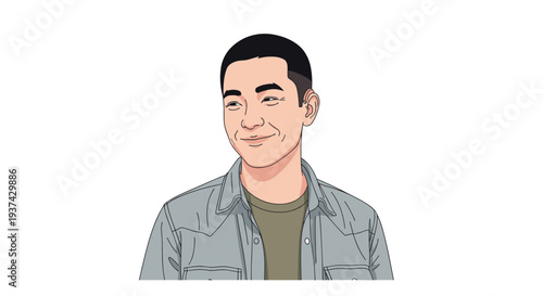 An animated man with short black hair smiling on transparent background