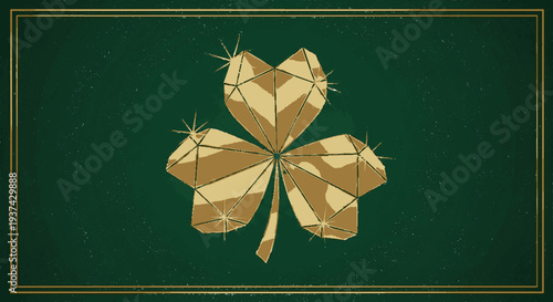 Golden origami four leaf clover on dark green background with gold border symbolizing luck fortune and prosperity in elegant design