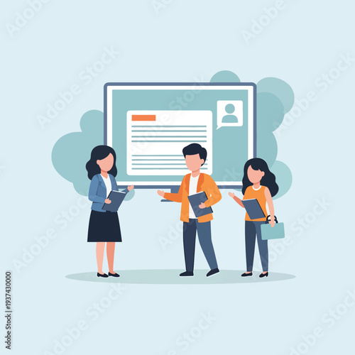 Three People Discussing Resume on Screen.