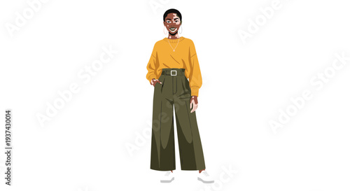 A woman wearing a yellow shirt and green pants on transparent background