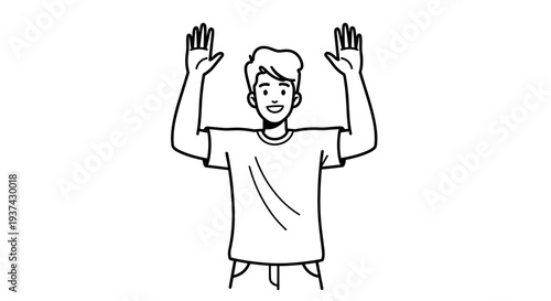 A cheerful man with his hands raised in celebration on transparent background