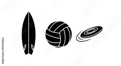 Black and white sports equipment icons on transparent background