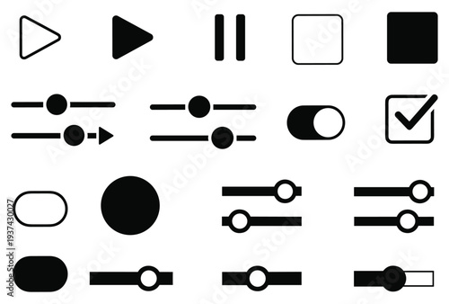 Media Player Icons: Play, Pause, Stop, Volume, Toggle, Checkbox