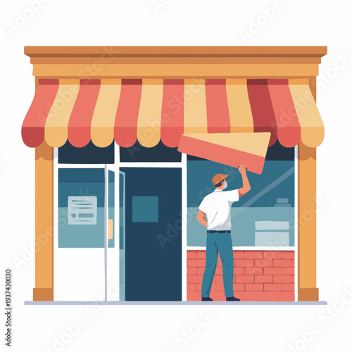 Vendor carrying products to market stall vector illustration at outdoor marketplace scene