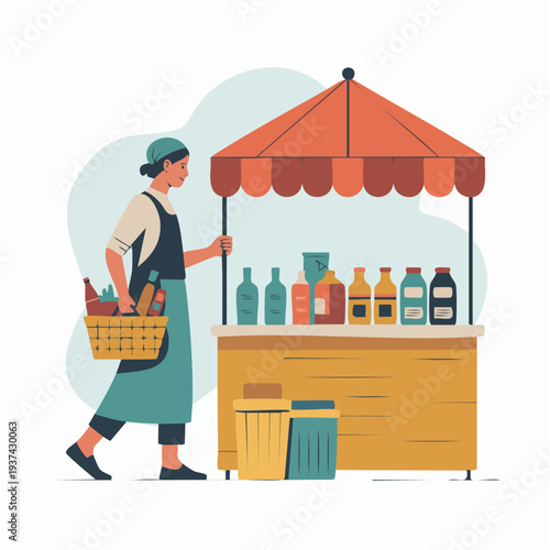 Seller delivering customer order package at a local market stall vector illustration