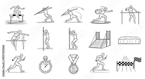 A collection of black and white line drawings of athletic icons on transparent background