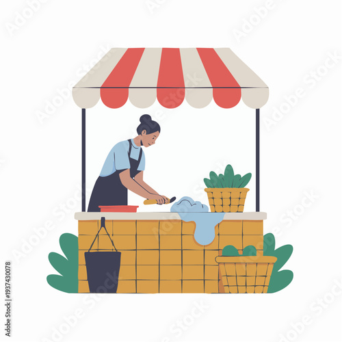 Shop owner opening small store in morning, rolling up awning, front view illustration