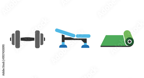 A dumbbell, exercise bench, and yoga mat on transparent background