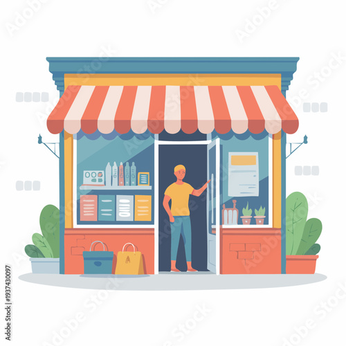 A shop seller receives payment from a customer in a retail transaction, flat vector illustration of a storefront scene.
