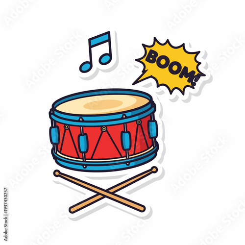 Red Drum with Drumsticks and Music Note.