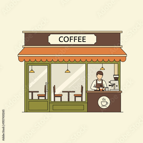Coffee Shop Illustration with Barista Inside.