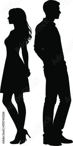 Couple, silhouette, back, to, back, standing, relationship, distance, conflict, separation, man, woman, vector, illustration, black, isolated, white, background, emotion, concept