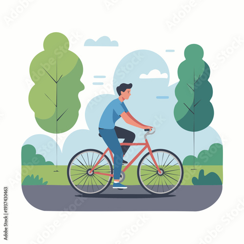 Man riding bicycle on road through park with trees, flat vector illustration, outdoors, daytime scene.