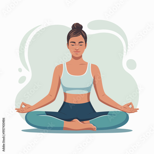 Woman meditating in lotus position, serene yoga practice, wellness concept, vector illustration