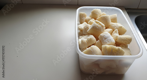 Plain plastic tub with fermented cassava pieces placed in the right third of a light beige countertop, large empty left side acting as negative space for cultural or fermentation copy.