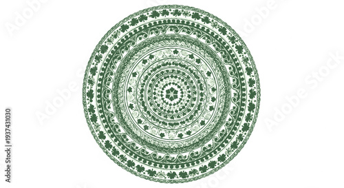 Intricate green circular pattern with concentric rings and ornate designs on a white background symbolizing harmony and balance