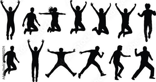 Energetic jumping people silhouette collection set, active men and women celebrating success isolated on white background vector illustration