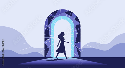 A silhouette of a woman walking towards a radiant blue geometric portal, symbolizing new opportunities and a journey into the unknown.
