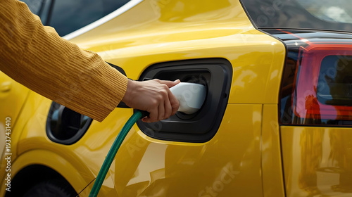 Close-up of hand plugging charger into yellow electric car at modern charging station.