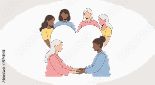 Diverse group of women forming a heart shape, symbolizing unity, support, and friendship among different generations and backgrounds.